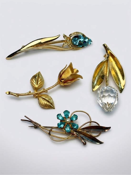 Jewelry - Vintage & Modern 4-Brooch Bundle:Roses&Tulips, Glass, Gold Filled, GUC